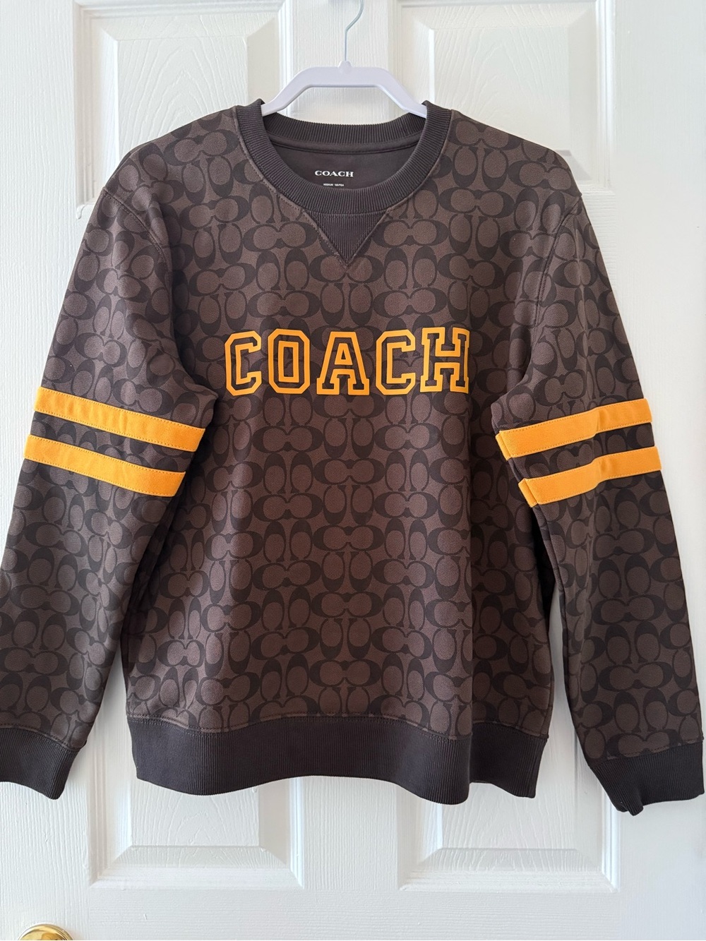 Coach Brown Crewneck Sweater with Yellow Stripe Accents